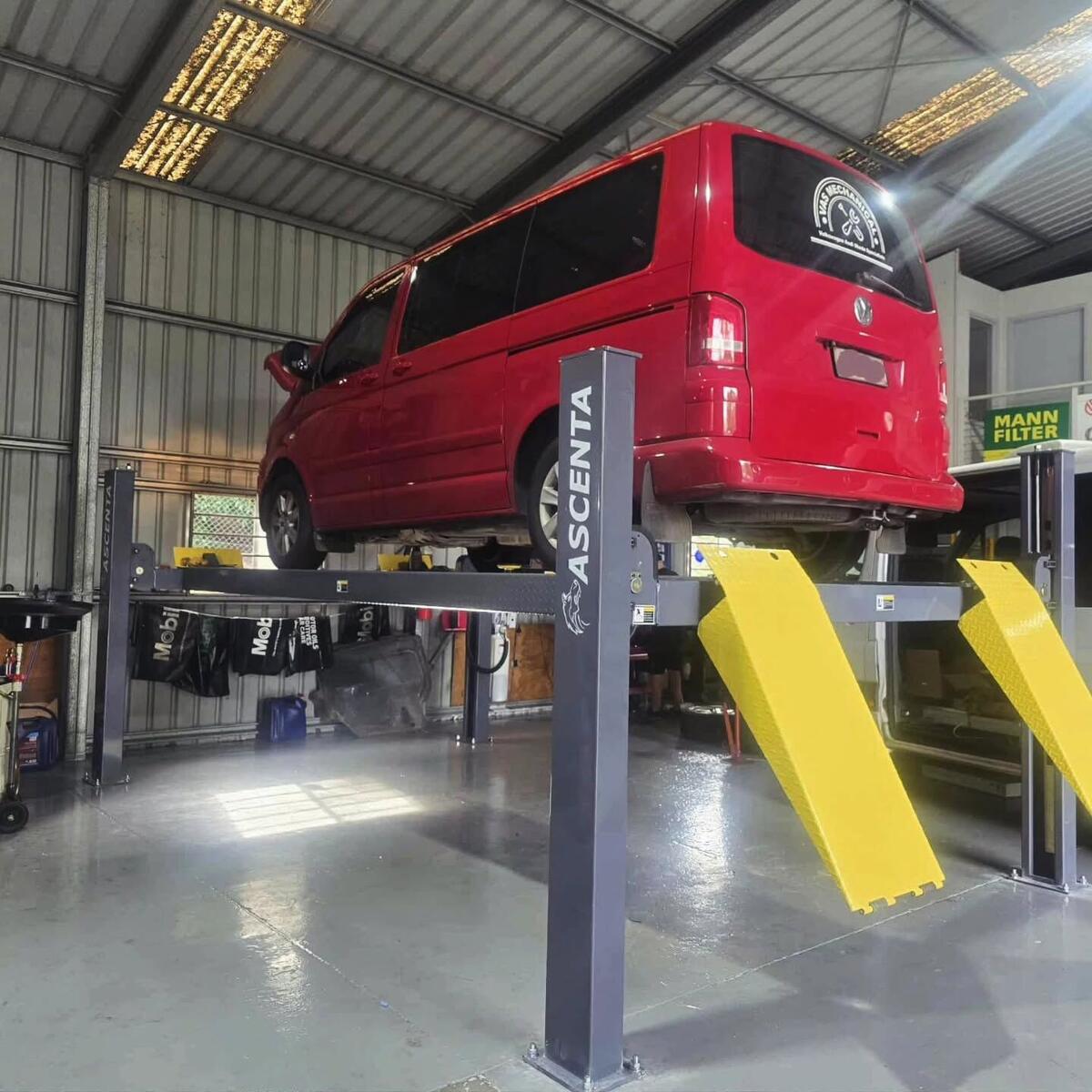 VW Transporter on the four-post hoist at VAS Mechanical