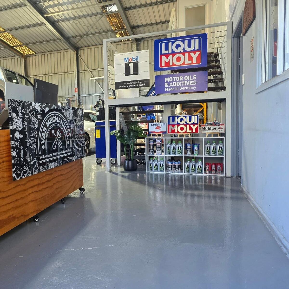 The branded VAS Mechanical service counter and Liqui Moly display in Yamanto